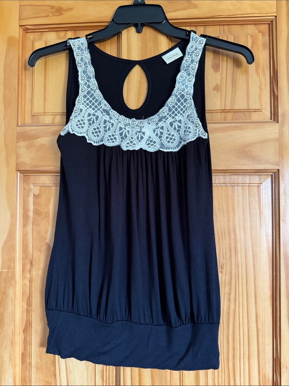 Pretty Good Black Tank Top with White Crochet Yoke